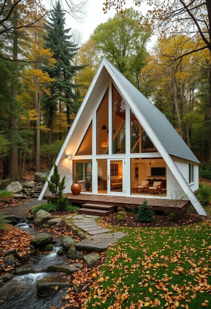 Peaceful off-white A-frame cabin beside a creek