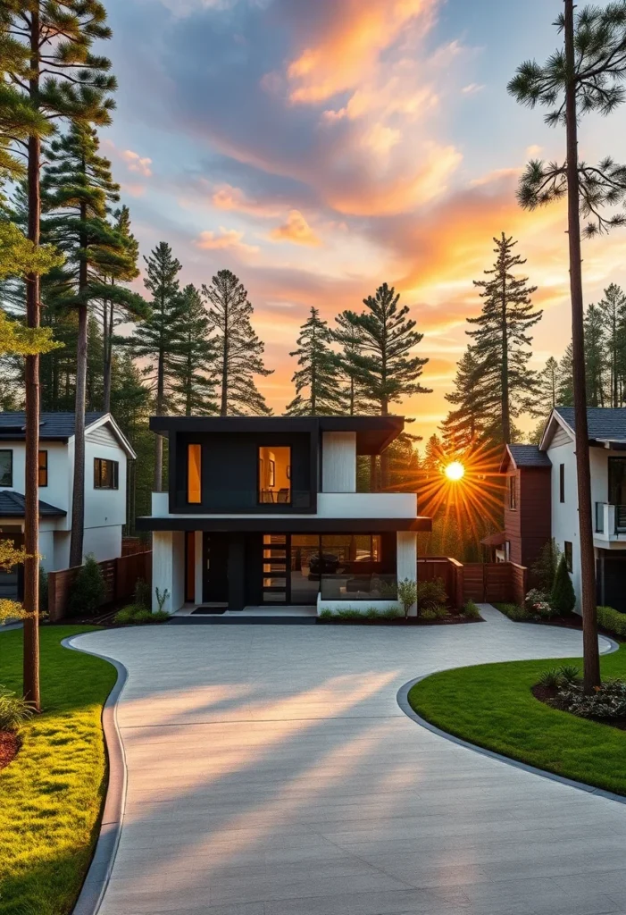 Minimalist black and white house design, flat roof, large windows, natural light.