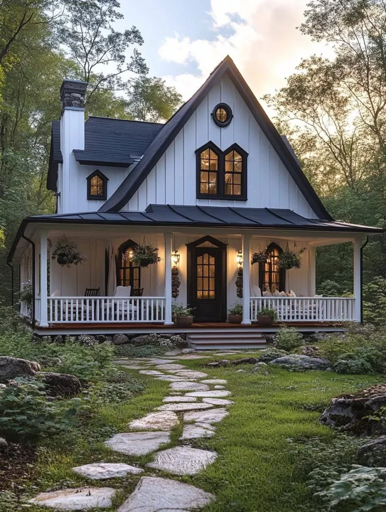 Small farmhouse cottage with a stone pathway and white porch.