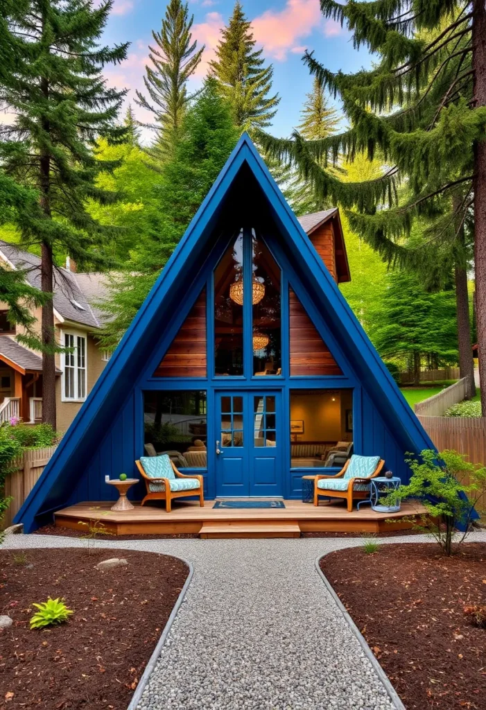 Dream tiny A-frame cabin with a deep green exterior and a large deck.