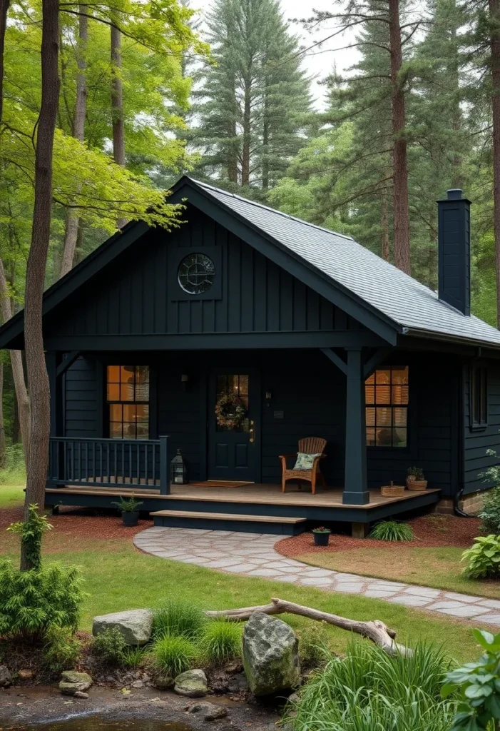 Black modern farmhouse cottage with two-car garage and covered porch