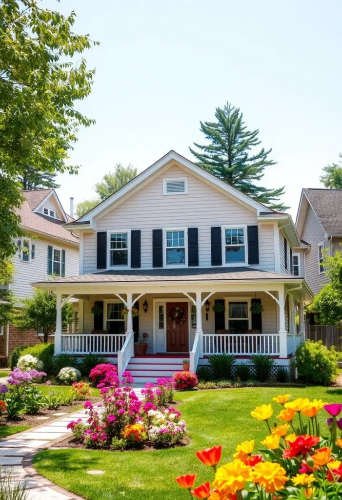 Beige tiny cottage with black shutters and colorful flower garden