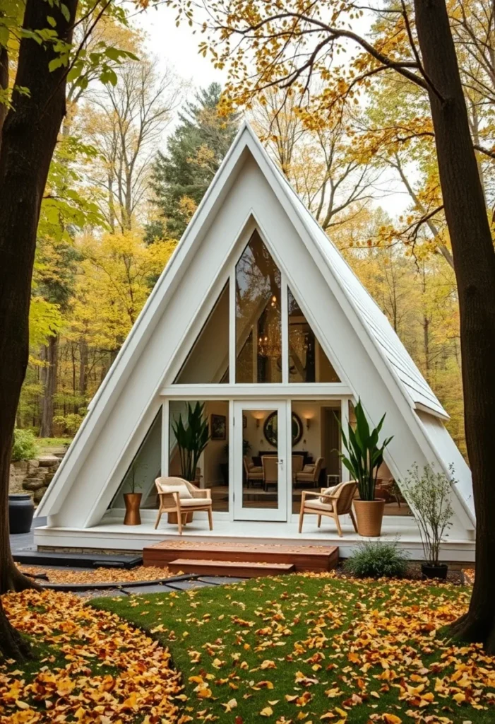 Secluded off-white A-frame cabin in the woods