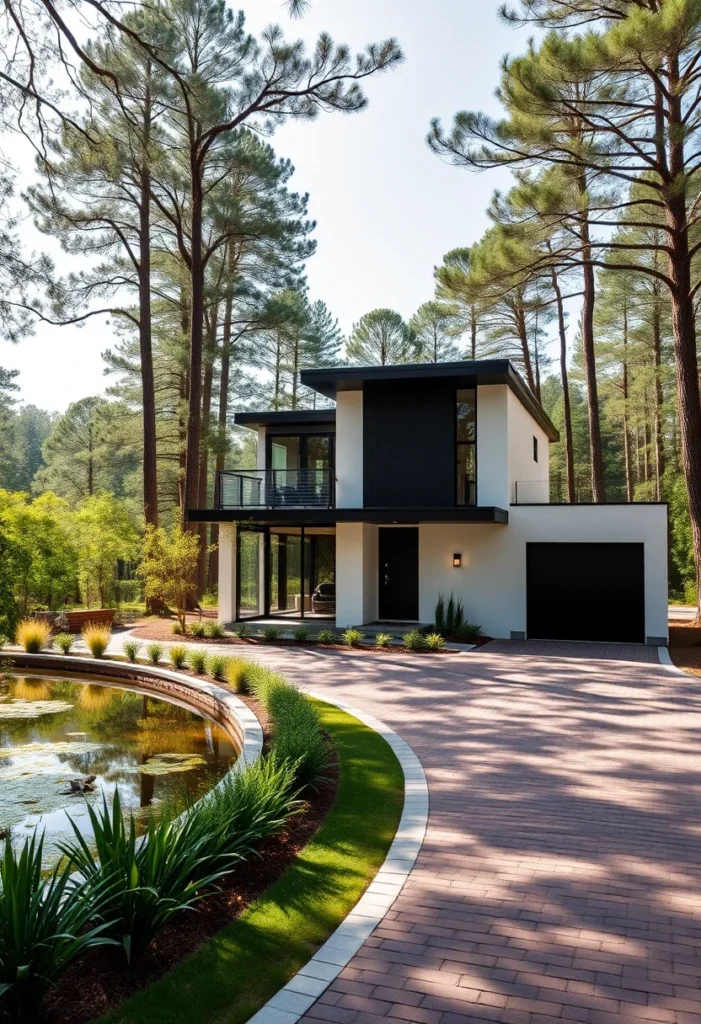 Contemporary minimalist black and white house design, flat roof, large windows.