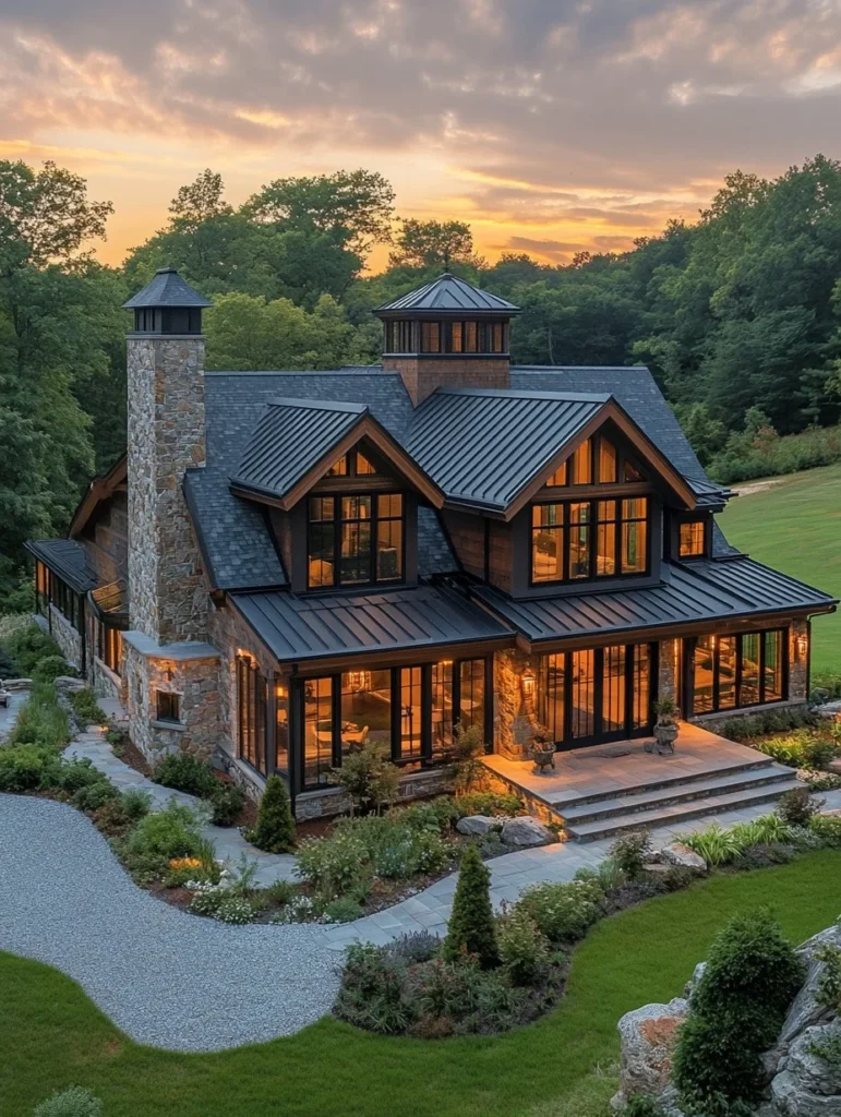 Farmhouse cottage with large wrap-around porch at sunset.