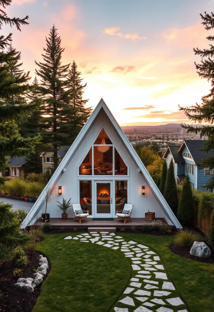 Dream tiny A-frame cabin nestled among trees with a stone pathway.