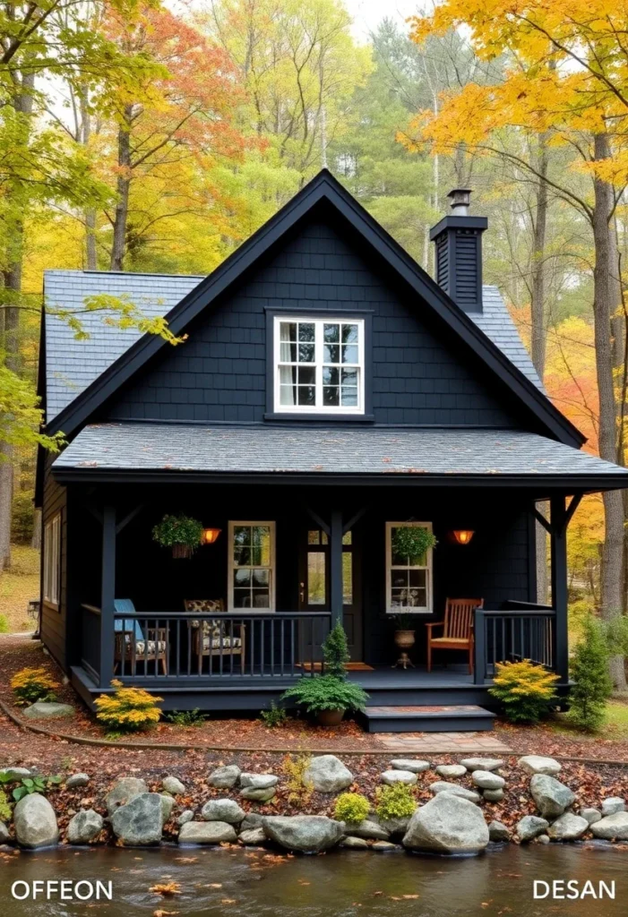 Small black cottage with covered porch and warm lighting