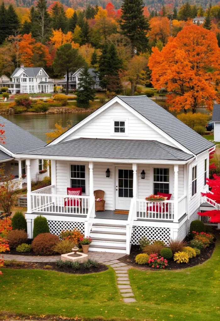 Gray tiny cottage exterior with white porch, autumn setting