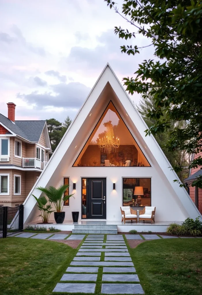 Elegant off-white A-frame house with symmetrical design