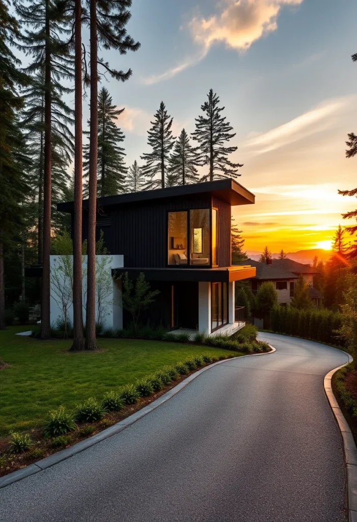 Minimalist black house design, cantilevered upper level, warm interior lighting.