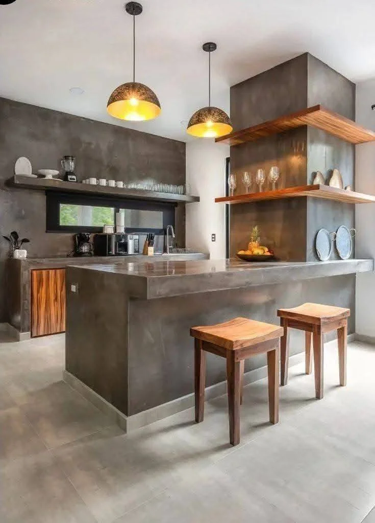 Modern kitchen fully designed with concrete, including countertops, island, and walls. - concrete kitchen ideas