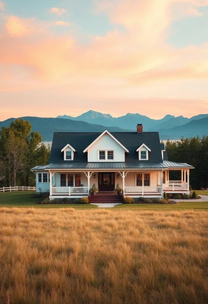 Farmhouse cottage with panoramic views of mountains and fields.