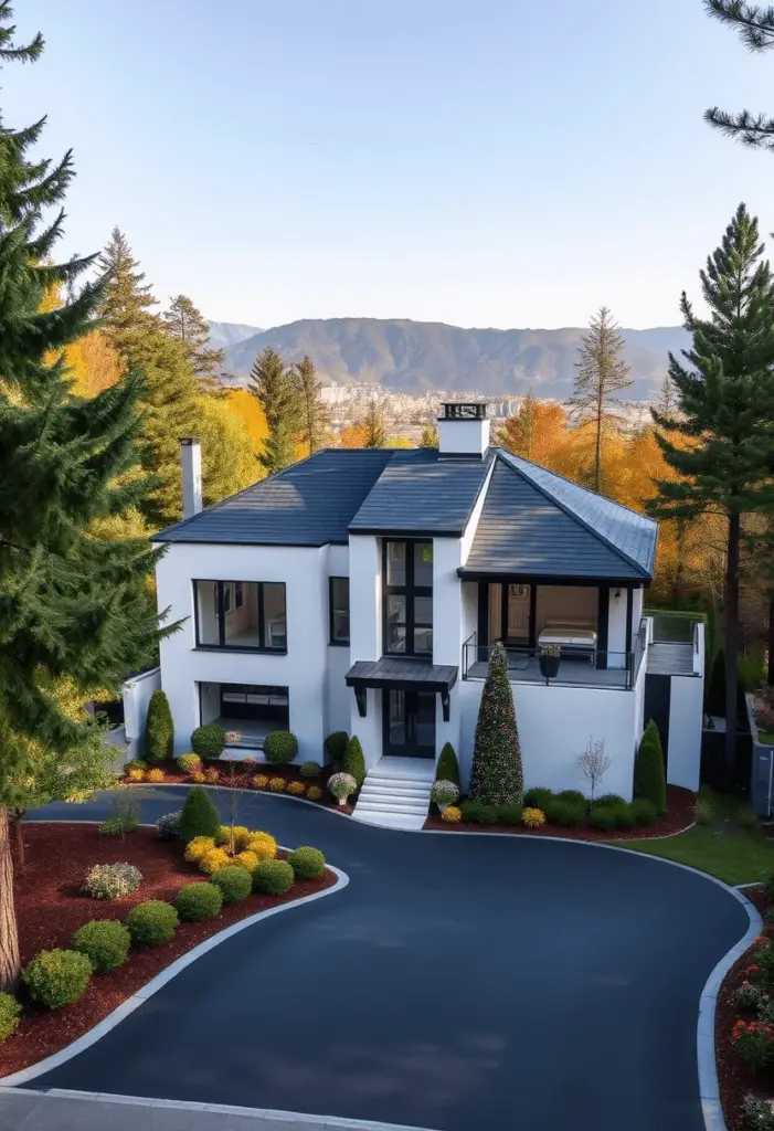 High-end contemporary two-story home design with mountain views.