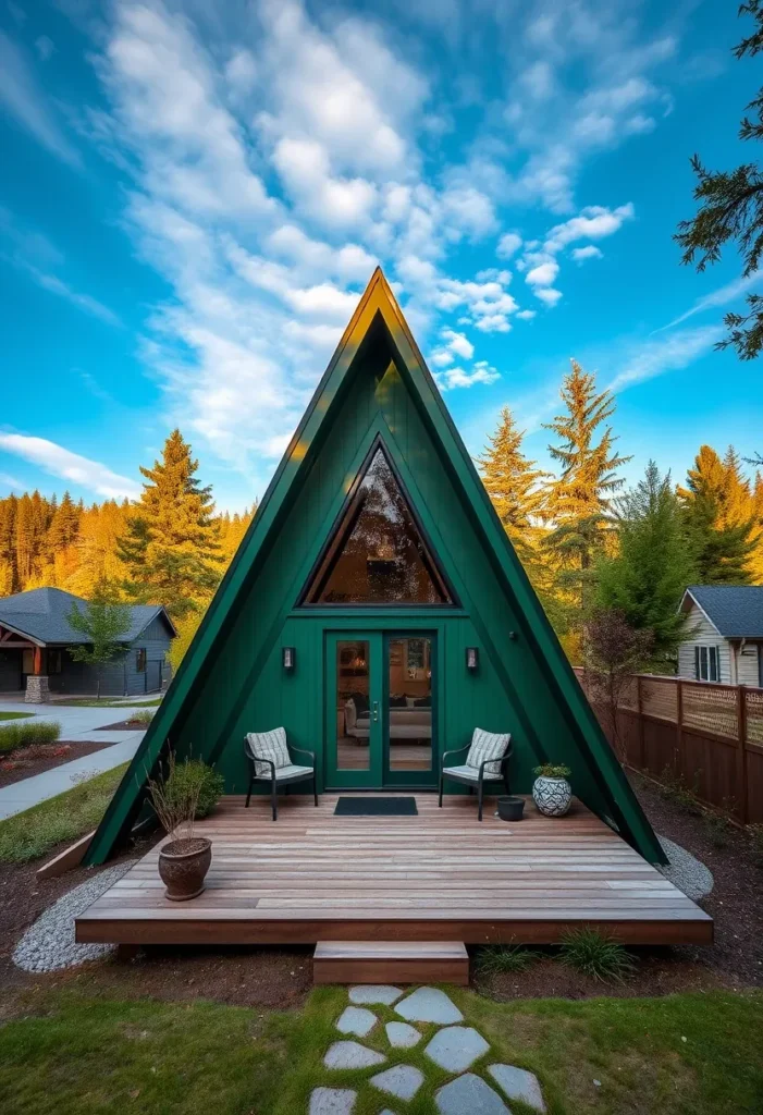 Dream tiny A-frame cabin with a green exterior, a charming front porch, and warm wood accents.