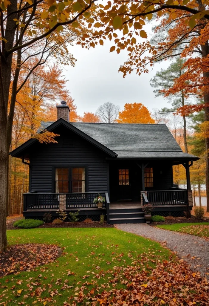 Black tiny house with covered porch and fall foliage