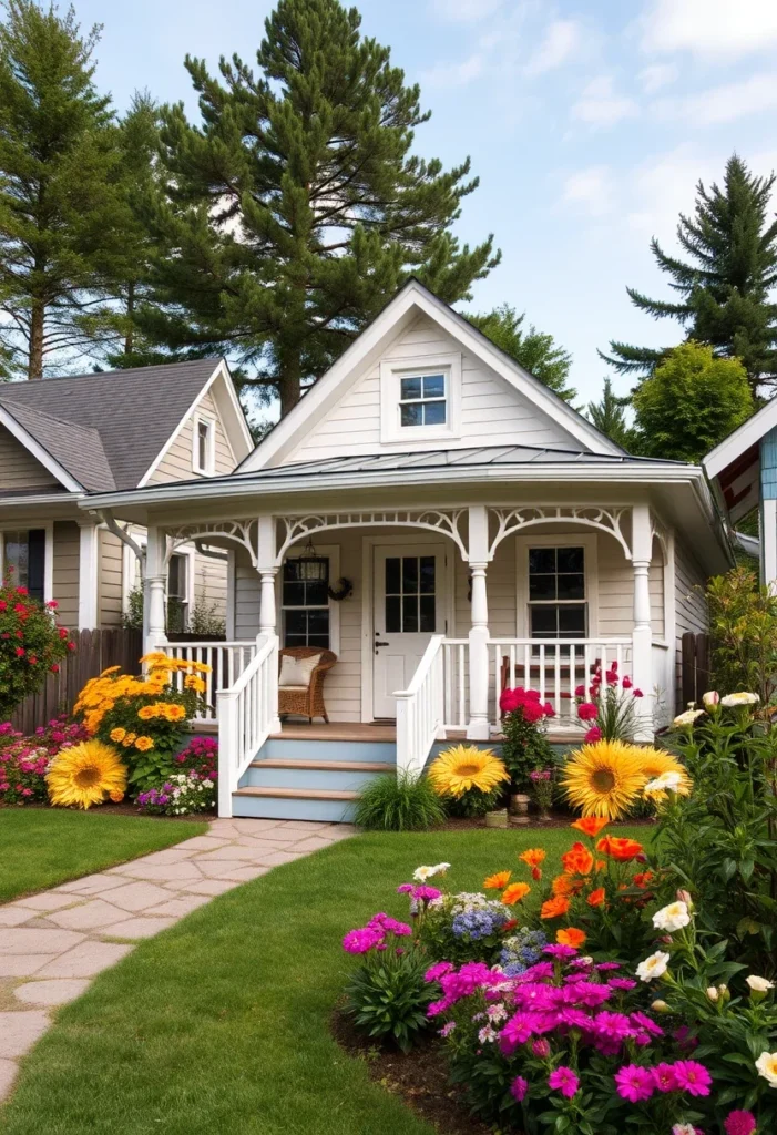 White tiny cottage with colorful flower garden and porch