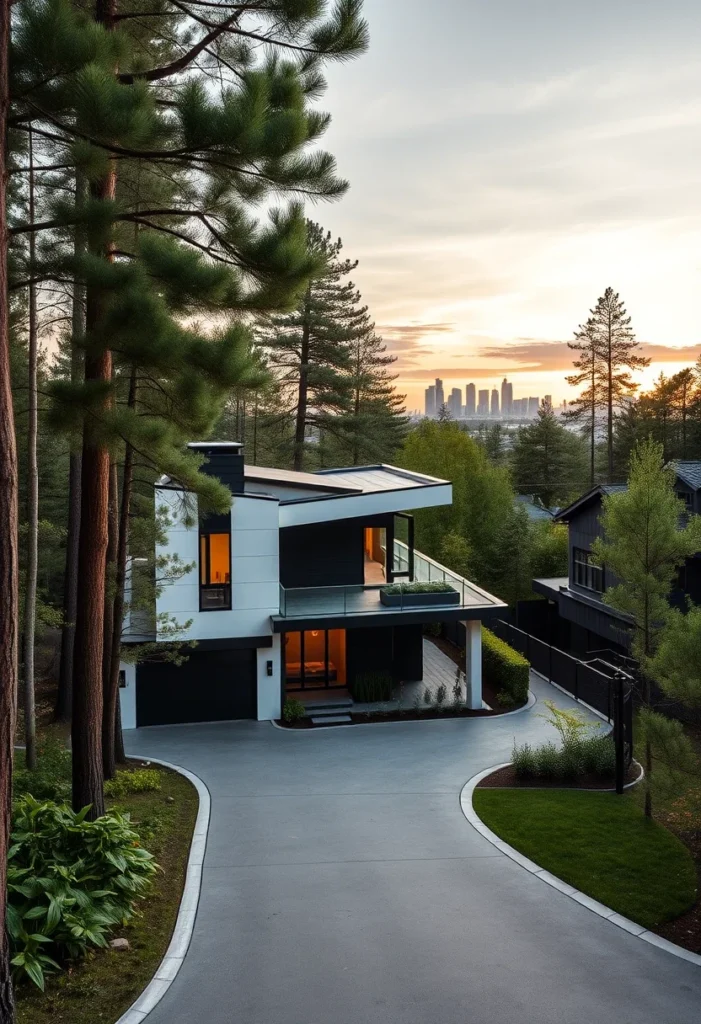 Minimalist black and white house design, multi-level, large windows.