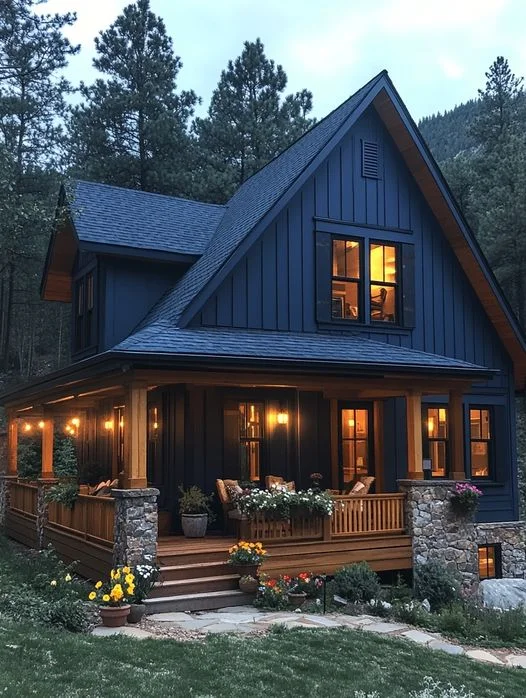 Farmhouse cottage with a bold blue exterior and wood accents.