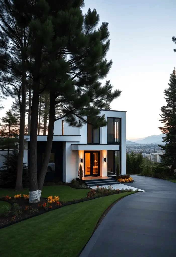 High-end contemporary home design illuminated at twilight.