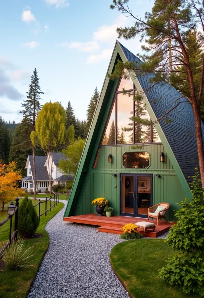 Dream tiny A-frame cabin with a green exterior, surrounded by a lush green landscape and a gravel path.