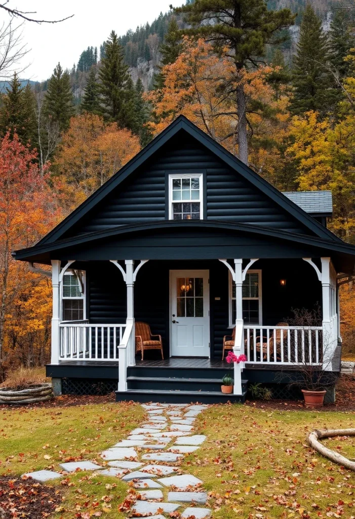 Black house with white trim and front porch surrounded by nature