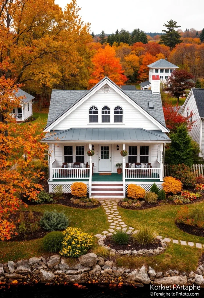 White tiny cottage with arched windows and wrap-around porch in autumn