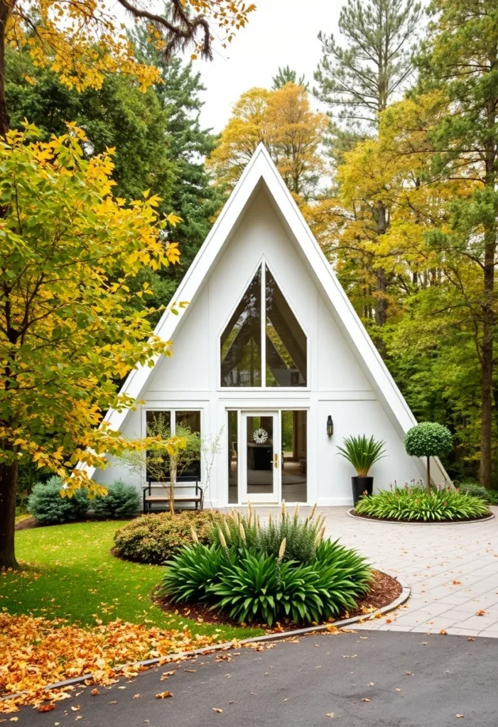 Charming off-white A-frame cabin with landscaped garden