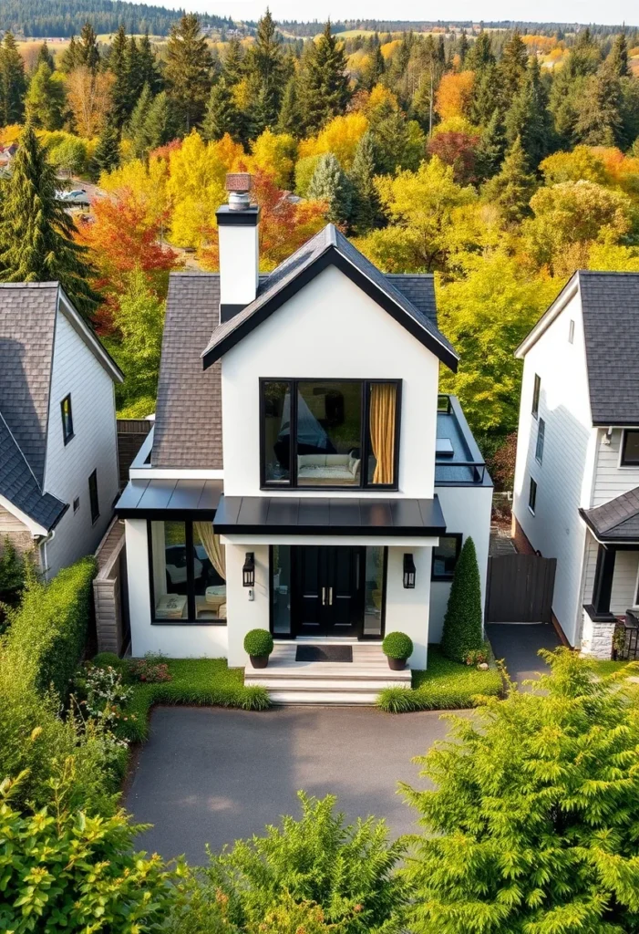 Minimalist black and white house design, pitched roof, central gable, recessed entry.