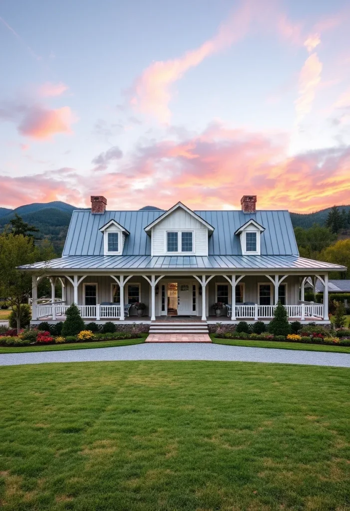 Modern farmhouse cottage with a wraparound porch and symmetrical design.