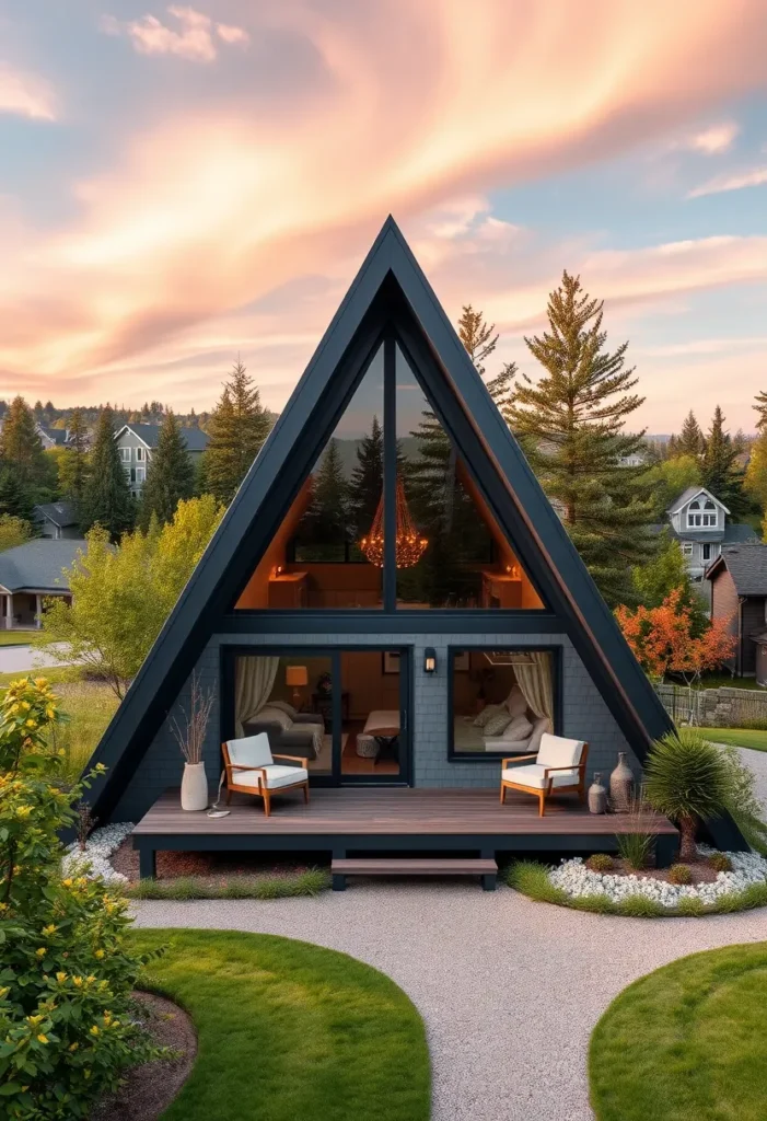 Dream tiny A-frame cabin with a dark exterior, large windows, and a warm interior glow at twilight.