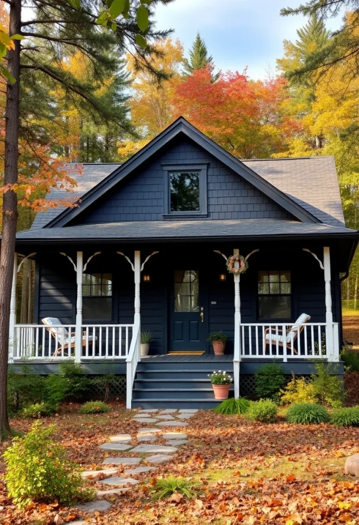 Black cottage with gable roof, white trim, and front porch