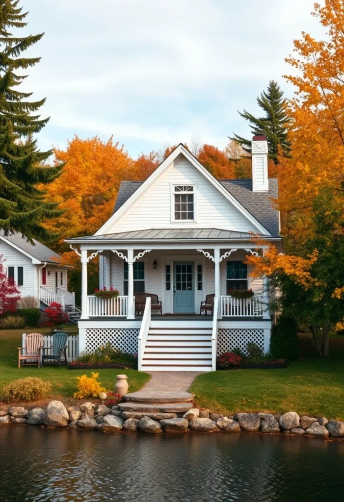 White tiny cottage with light blue door and wrap-around porch by the water