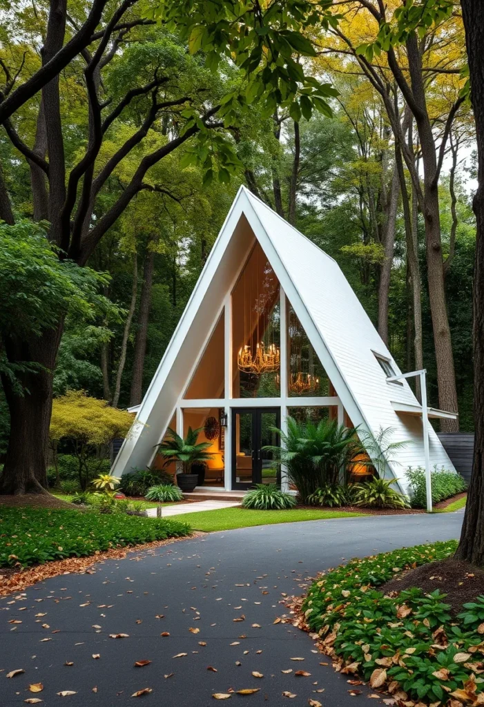 Modern tiny off-white A-frame tree house