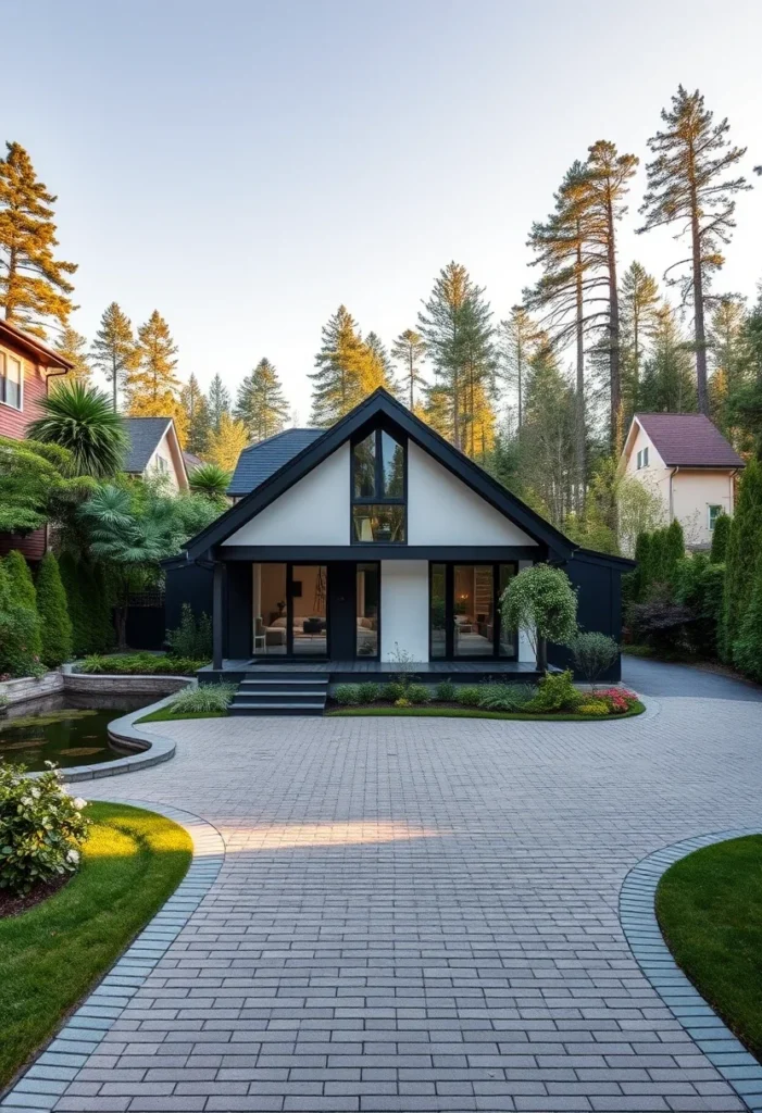 Minimalist black and white house design, vaulted entry, large windows, light-filled interior.