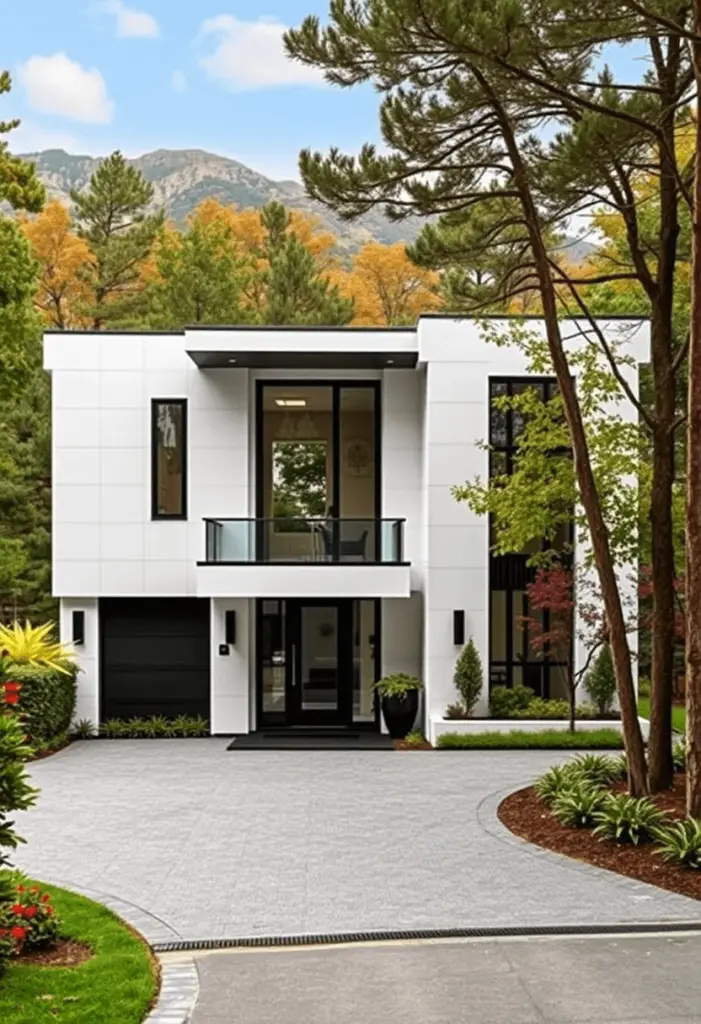 High-end contemporary home design with an integrated dark garage door.