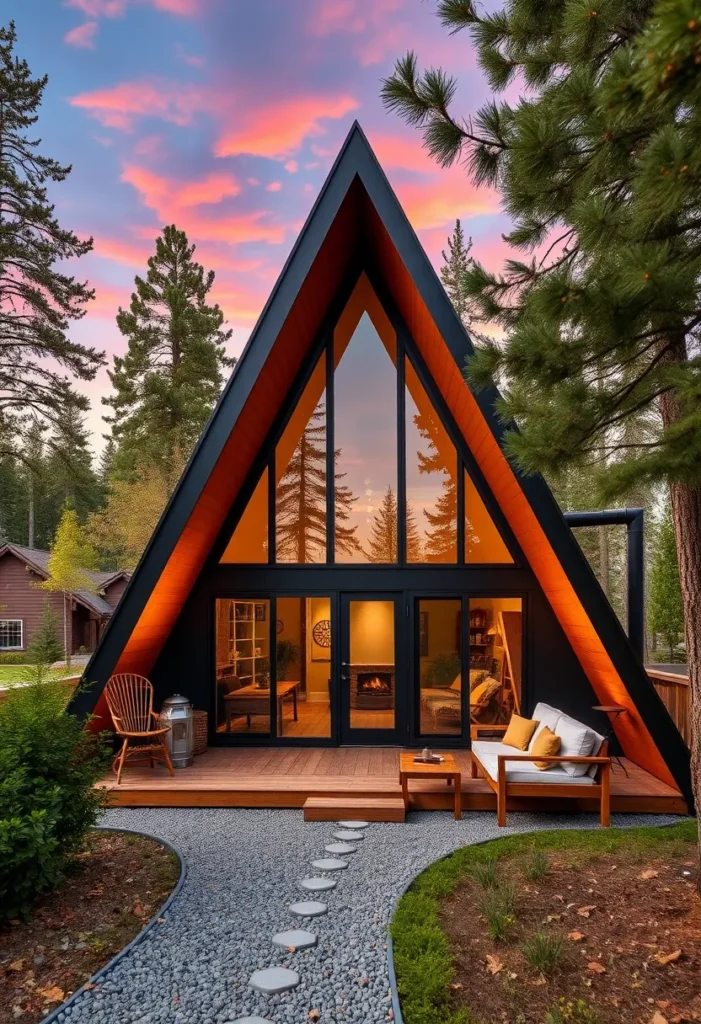 Dream tiny A-frame cabin with a dark exterior, large windows showcasing a fireplace, and a warm interior glow.