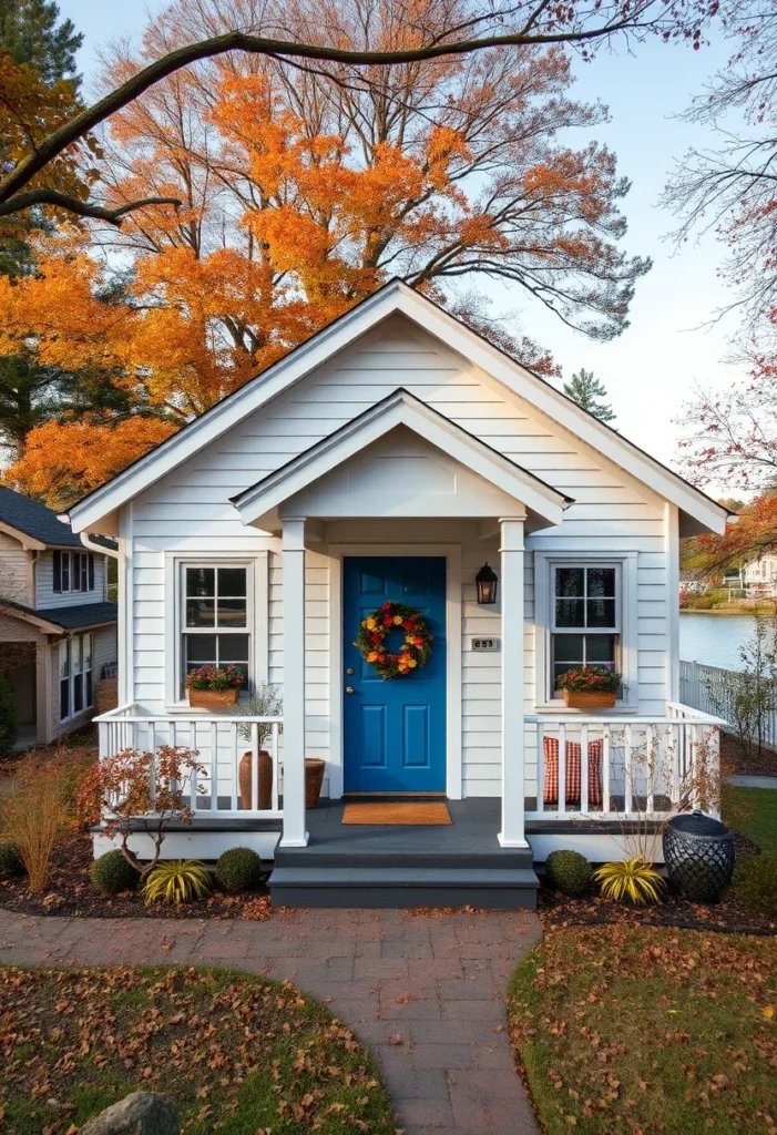 White tiny house with bold blue door and small porch in autumn