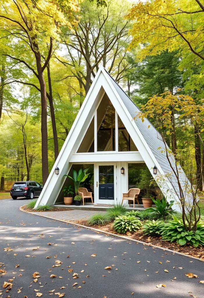 Off-white A-frame house with log cabin aesthetic