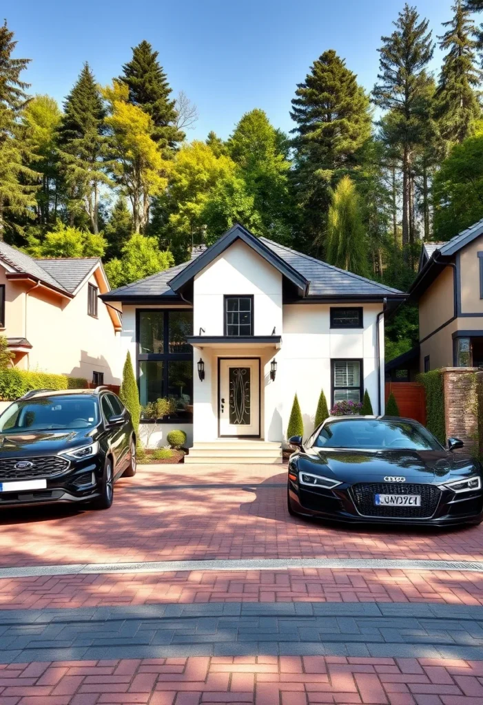 Minimalist black and white house design, black trim, recessed entry, white facade.