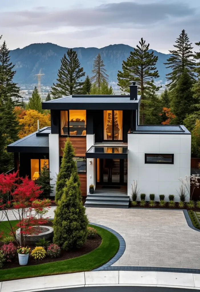 High-end contemporary home design nestled among trees with mountain views.