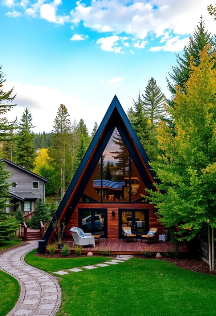 Dream tiny A-frame cabin surrounded by lush greenery and trees with a warm wood exterior.