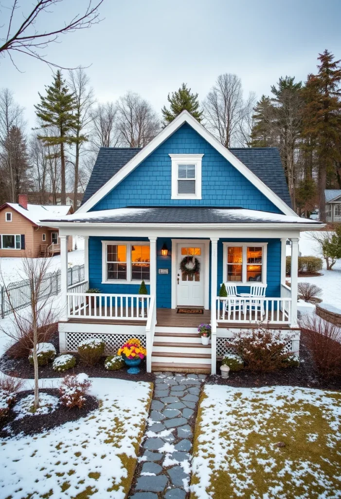 Blue tiny cottage with white trim and porch in winter