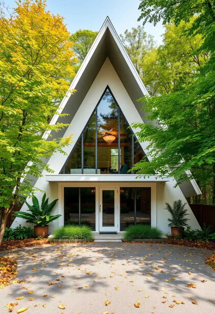 Minimalist off-white A-frame house with large windows