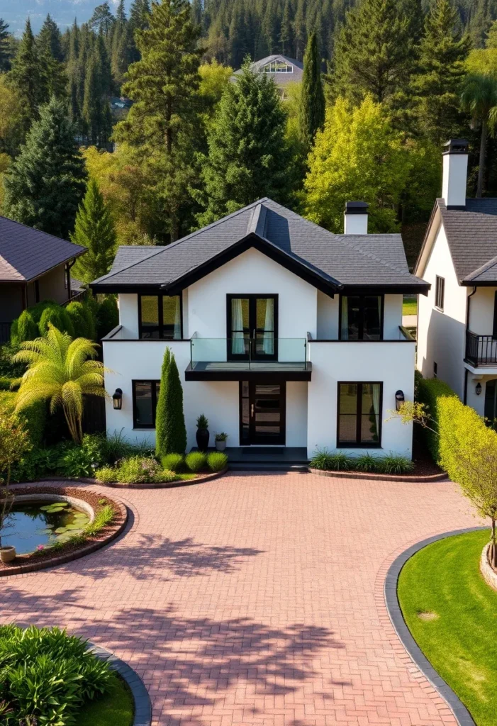 Minimalist black and white house design, balcony, dark roof, symmetrical design.