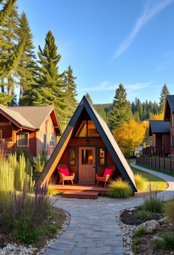 Dream tiny A-frame cabin with a compact design, warm wood tones, and two red chairs on the porch.