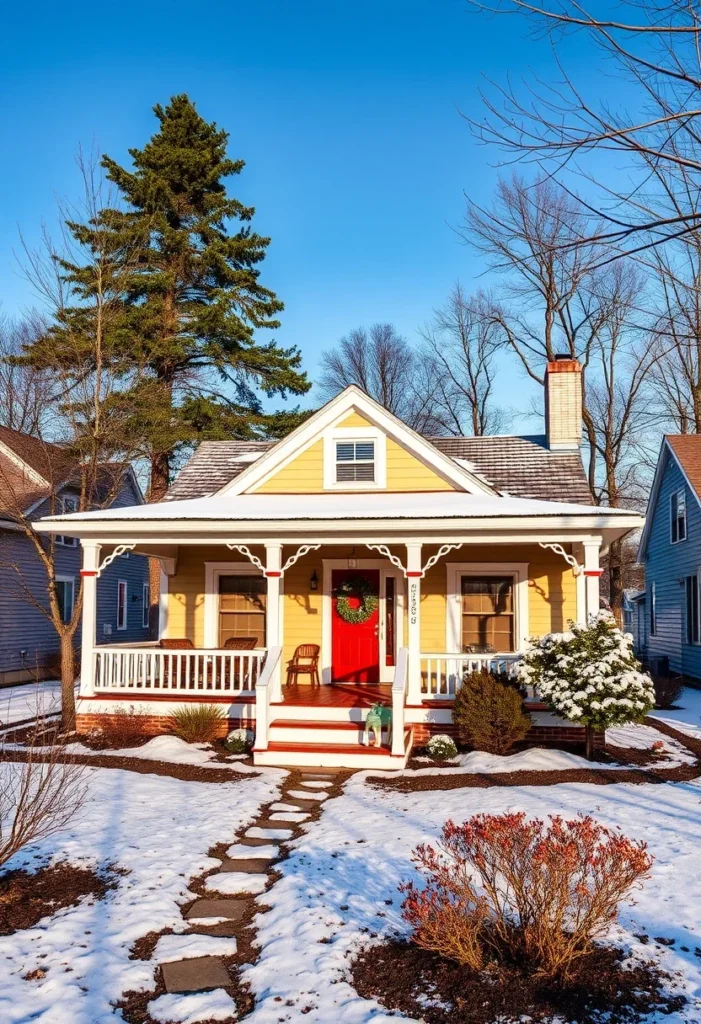 Yellow tiny cottage with red door and white porch in winter