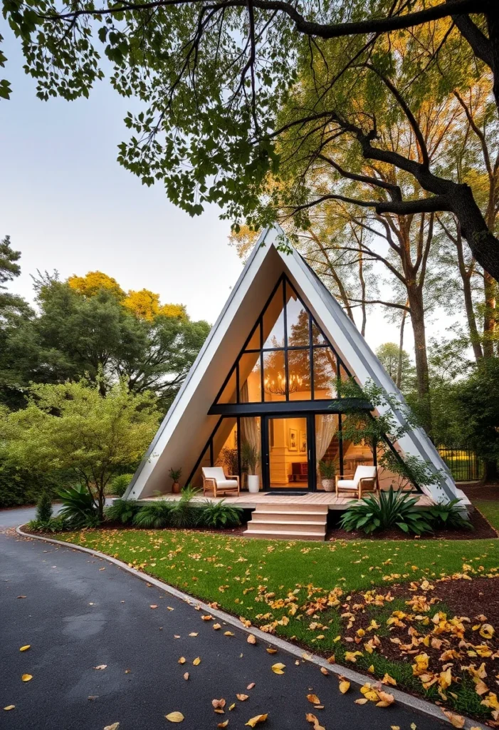 Off-white A-frame cabin with stunning lakeside views