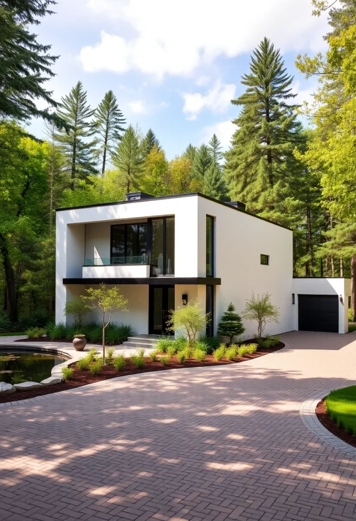 Minimalist black and white house design, floating upper level, black garage, geometric lines.