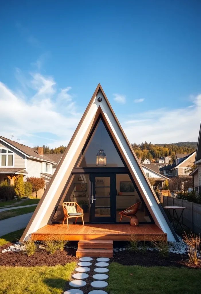 Dream tiny A-frame cabin with a minimalist design, white and black exterior, and a cozy front porch