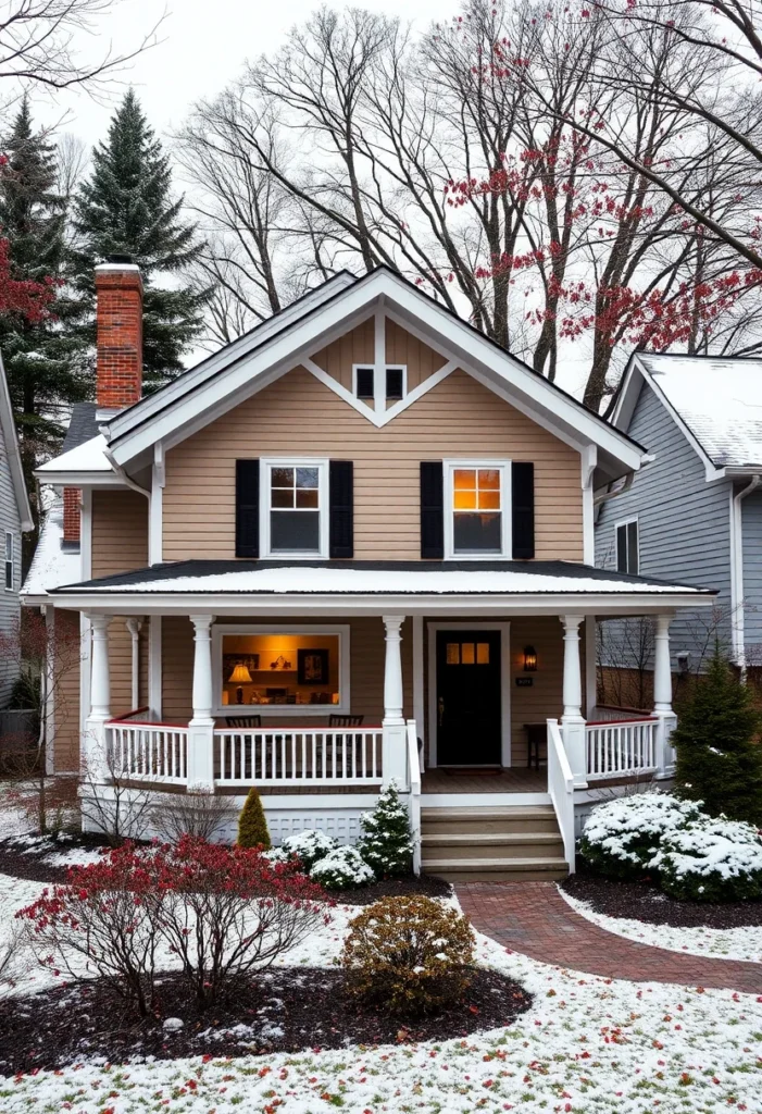 Cocoa-colored tiny cottage with black shutters and wrap-around porch in winter